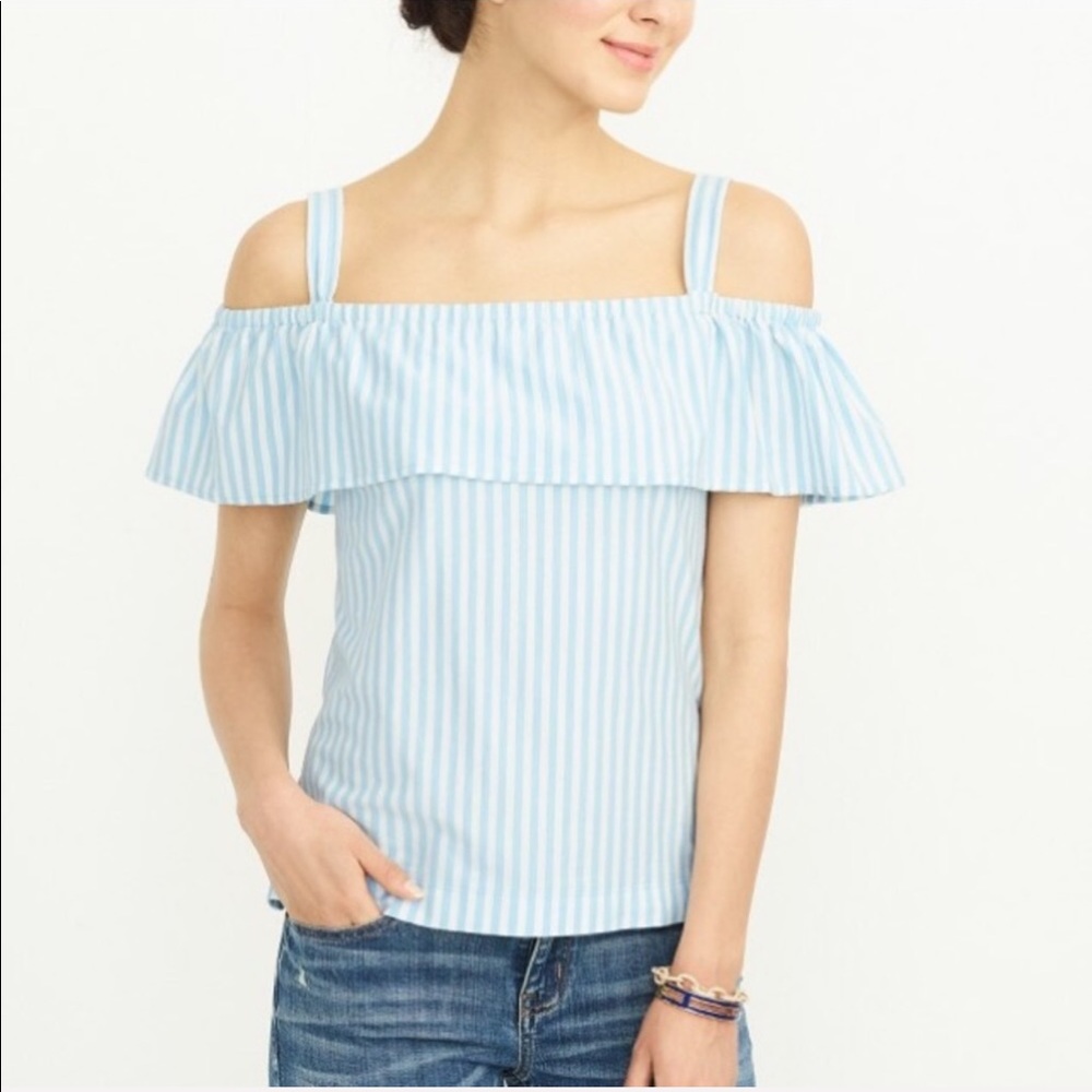 NWT j. crew Off Shoulder Ruffle Blue Striped Top